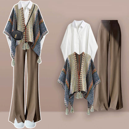 Lattice Print V-neck Shawl Wrap Lapel Shirt Split Pants