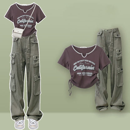 Casual Letter Print Drawstring Crop Top T-Shirt Pocketed Cargo Pants