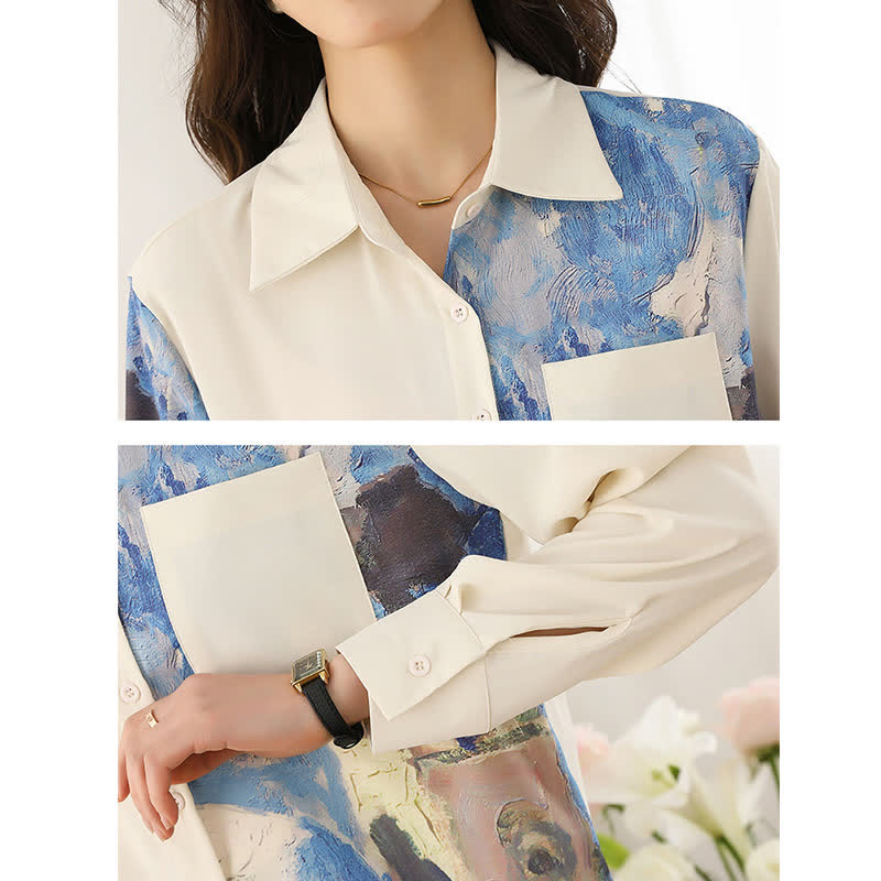 Irregular Printing Chiffon Pocket Lapel Shirt