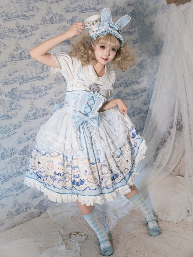Alice Bunny Dress Blue Lolita Sweet Print Clock and