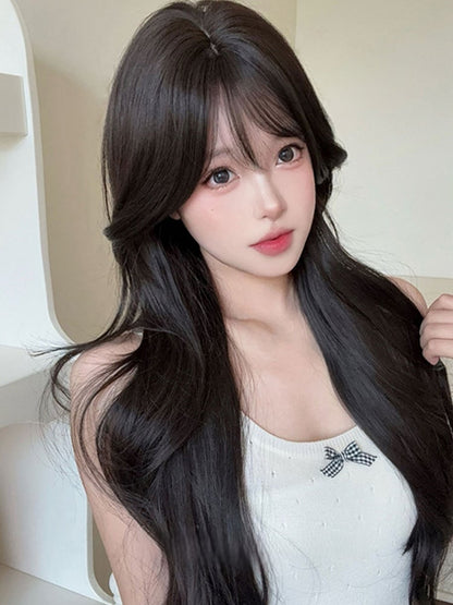Wig Tea Length Bangs With Curtain 73CM Black Wavy