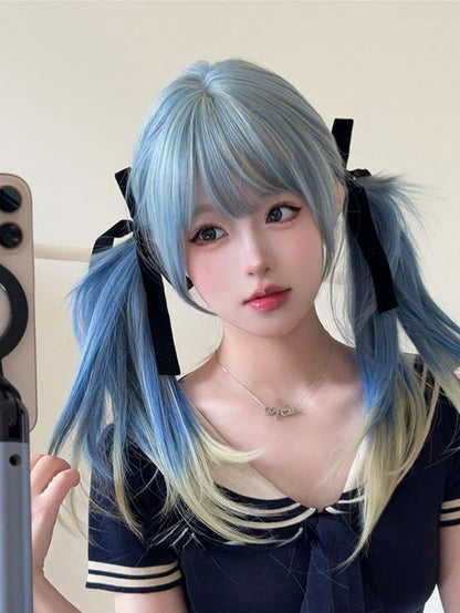 Length Hair Wig With 65CM Blue Cut Straight Color Bangs Hime Air Ombre