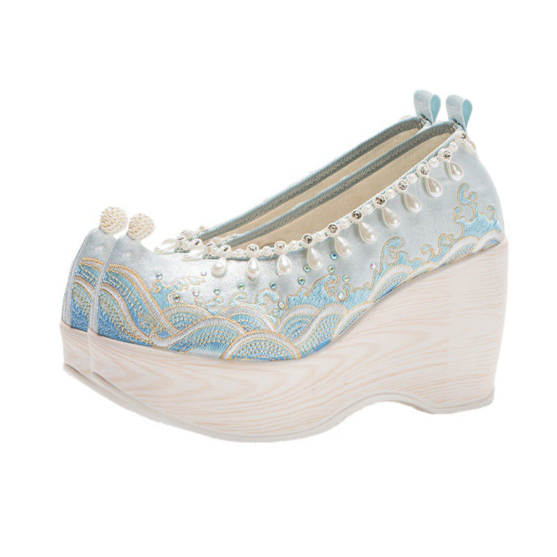 Vintage Wave Print Pearl Platform High Heels Shoes