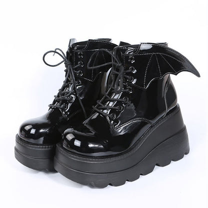 Black Punk Goth Wings Lace Up High Wedge Boots