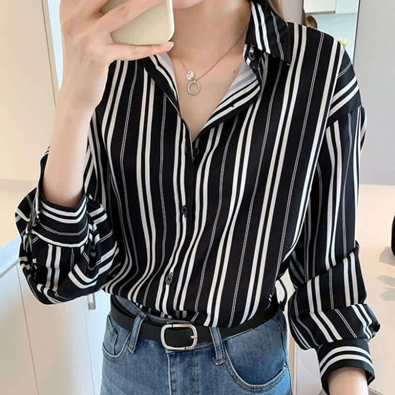 Stripe Print Long Sleeve Chiffon Shirt Workwear