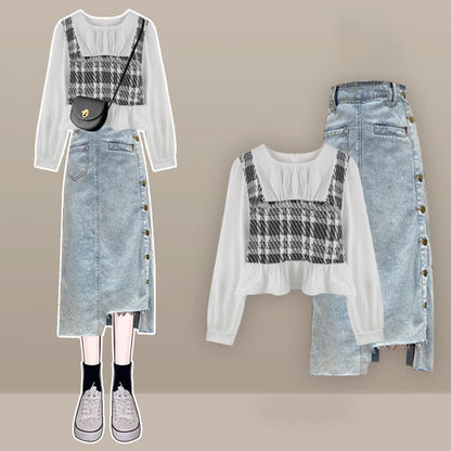 Lattice Print Shirt Fishtail Denim Skirt Set