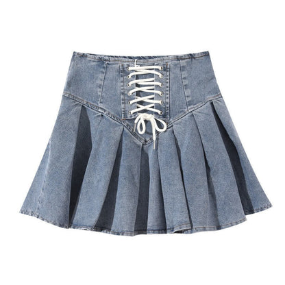 Sweet High Waist Lace Undershorts Lace-up Denim Skirt