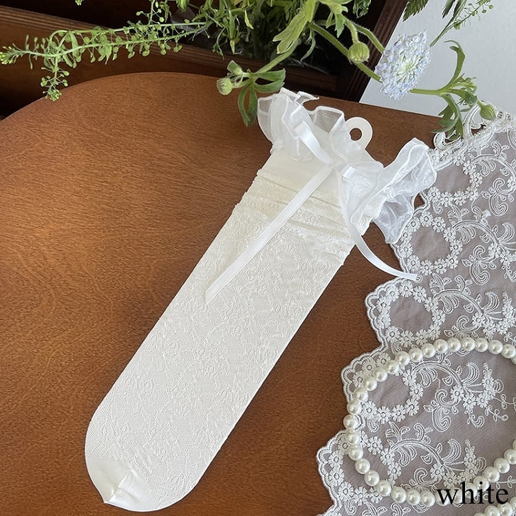 Hollow-out Details Bowknot Yellow/White Trim Stockings Underknee Black/Light Lace