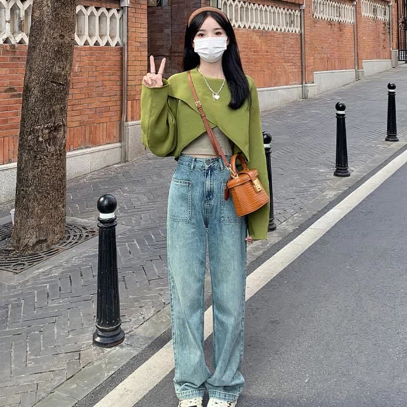 Green Cross Knit Crop Sweater Cami Pocketed Denim Pants