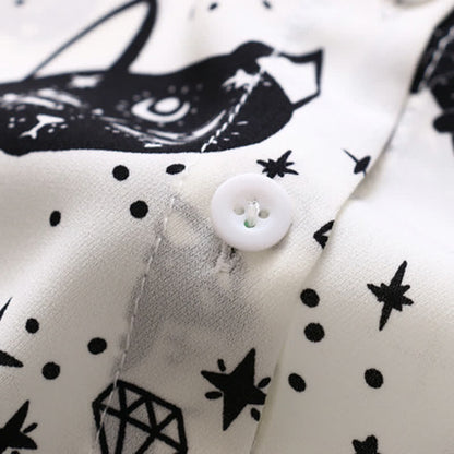 Black White Kitty Print Lapel Chiffon Shirt