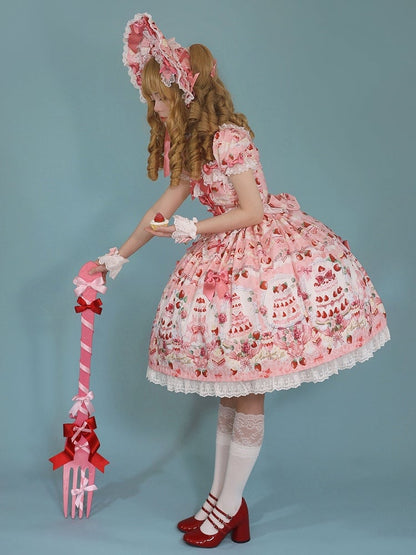 Print Dress Sweet Lolita Bow Set Pink / Accents Strawberry Cake Full