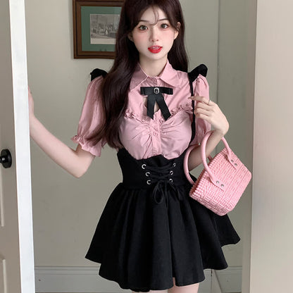 Pink Love Heart Hollow Out Bowknot T-Shirt Lace up Suspender Dress