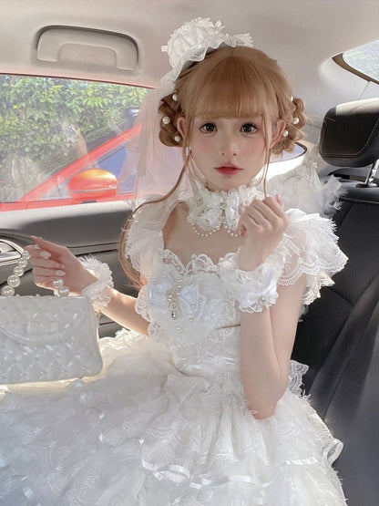 Hanayome White Dress Hime Butterfly Bodice Lolita Tiered Skirt Fabric Angel
