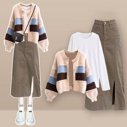 Colorblock Stripe Cardigan Sweater Shirt Denim Skirt