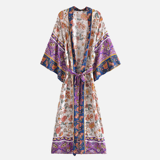 Boho Beach Print Belt Robe Long Cardigan Outerwear