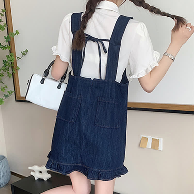 Pocket Lapel Tie T-Shirt Denim Overall Dress Set