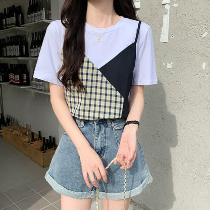 Chic Colorblock Round Collar T-Shirt Pocketed Denim Shorts modakawa