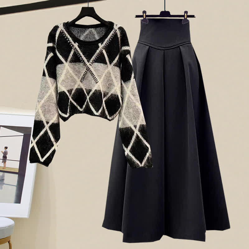 Rhombus Stripe Colorblock Sweater Long Skirt