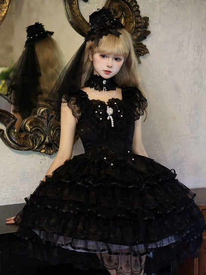 Butterfly Fabric Black Dress Tiered Hime All Bodice Skirt Lolita Hanayome