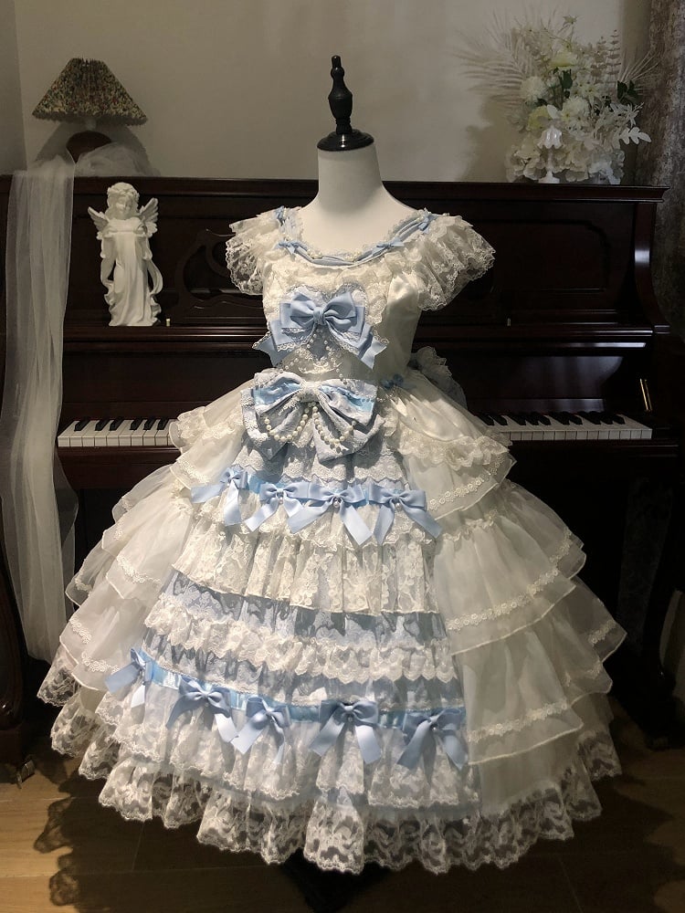 Dress JSK Decoration Hanayome Lolita Set Full Hime Skirt Tiered and White Blue Bows