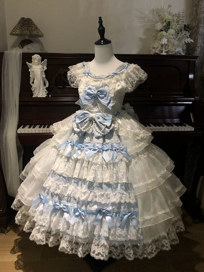 Dress JSK Decoration Hanayome Lolita Set Full Hime Skirt Tiered and White Blue Bows