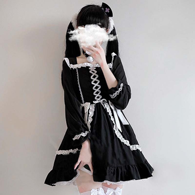 Black Lace Up Lolita Bow-Knot Maid Dress