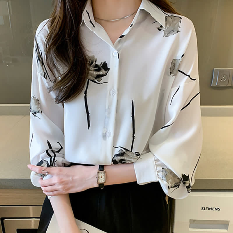 Rose Print Lapel Satin Shirt