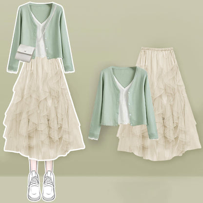 Colorblock Fake Shirt Tulle Tiered Skirt Set