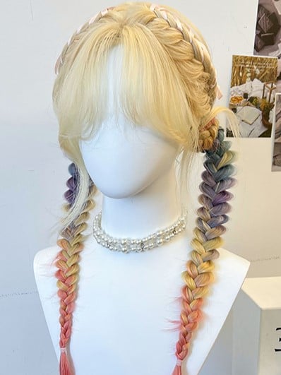 Ponytails Rainbow Synthetic Braided Bangs Wig Double Yellow + Curtain With