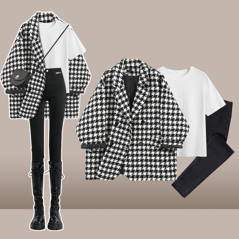 Chic Lattice Print Lapel Blazer T-Shirt Slim Denim Pants modakawa