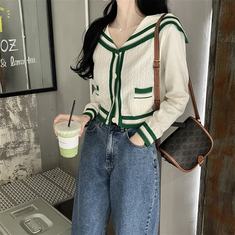 Sailor Collar Cable Sweater Casual Pants Pleated Skirt Set