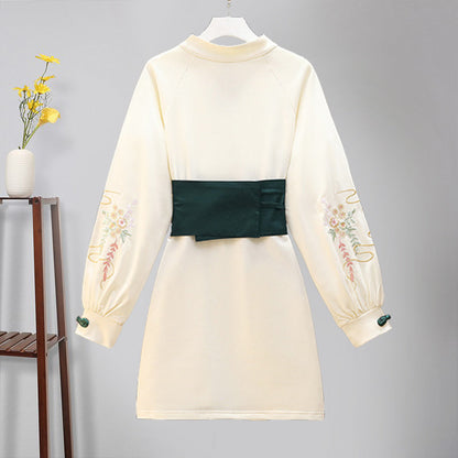 Vintage Crane Embroidery Plush Sweatshirt Dress