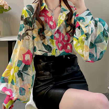 Color Floral Print Puff Sleeve Lapel Shirt Workwear