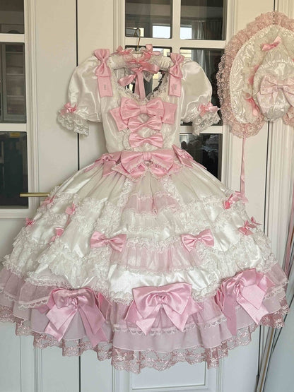 Princess Detachable with White High Sleeves Waist Accents Sweet Lolita Pink Dress Bow