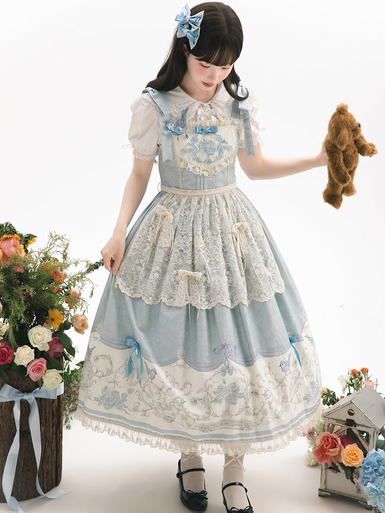 Blue Jumper Floral and Titmouse Print Skirt Lolita