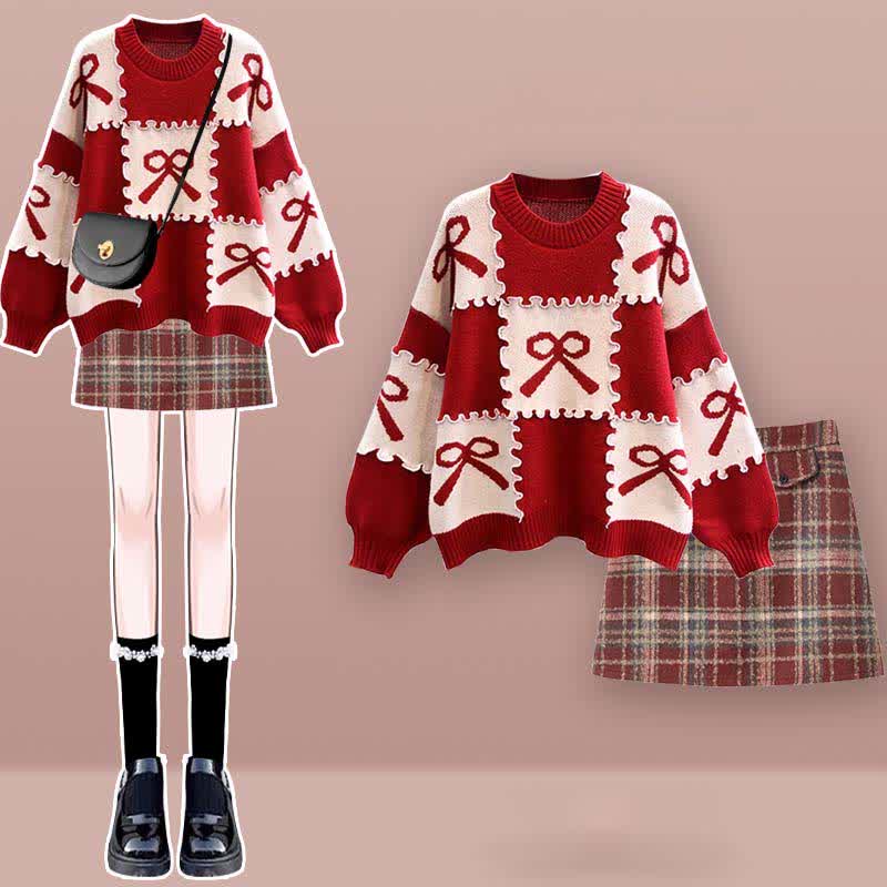 Bow Knot Print Sweater Plaid Pleated Skirt Set