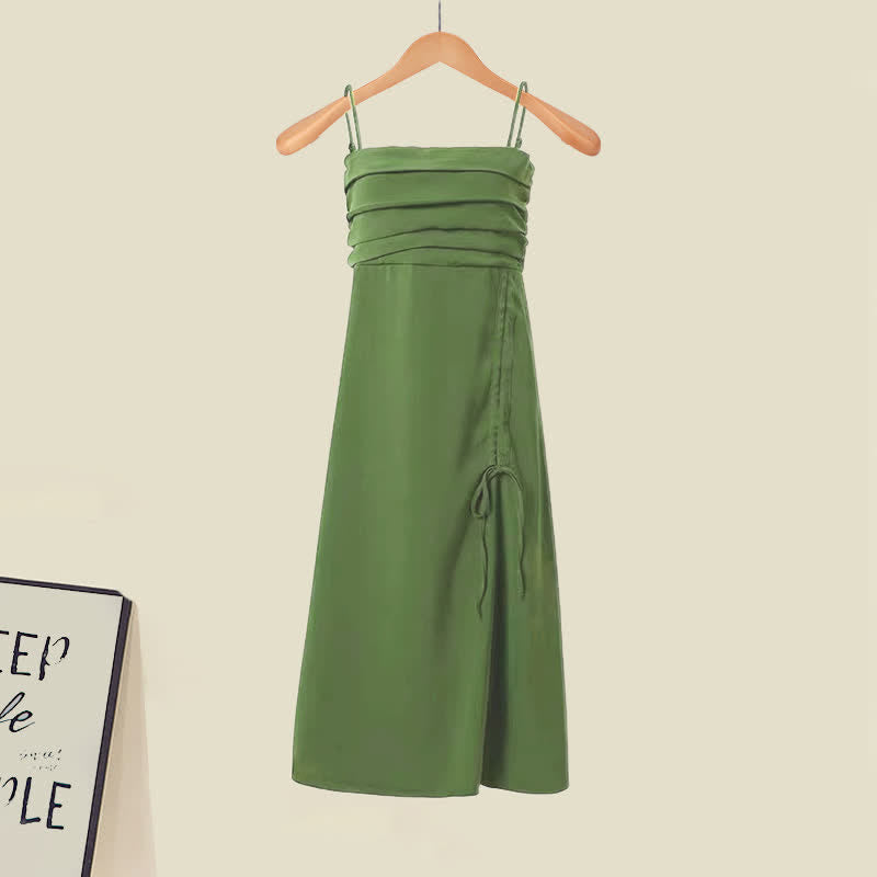 Boho Green Fringed T-Shirt Drawstring Split Slip Dress