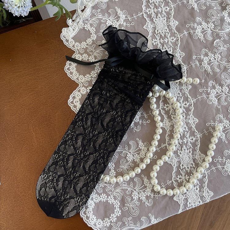 Hollow-out Details Bowknot Yellow/White Trim Stockings Underknee Black/Light Lace