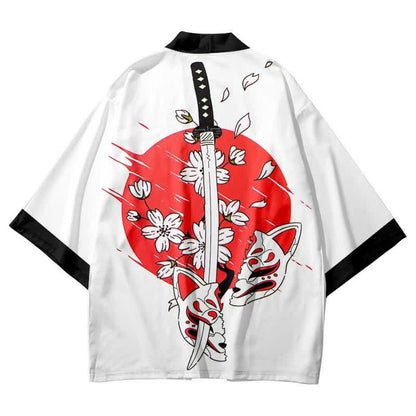 Fox Mask Sakura Sword Print Vintage Outerwear