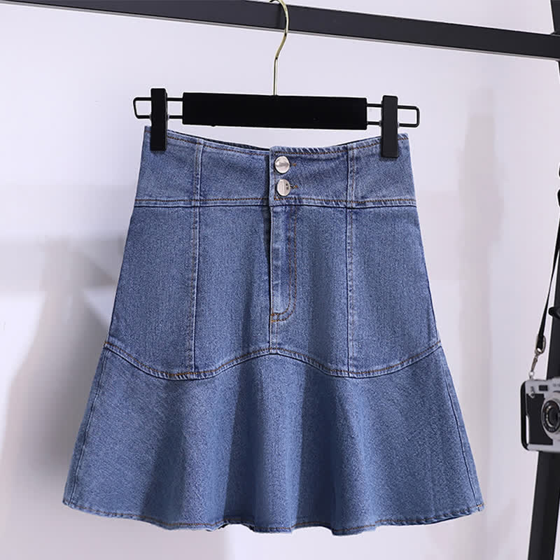 Blue Stripe Knitted T-Shirt High Waist Denim Skirt