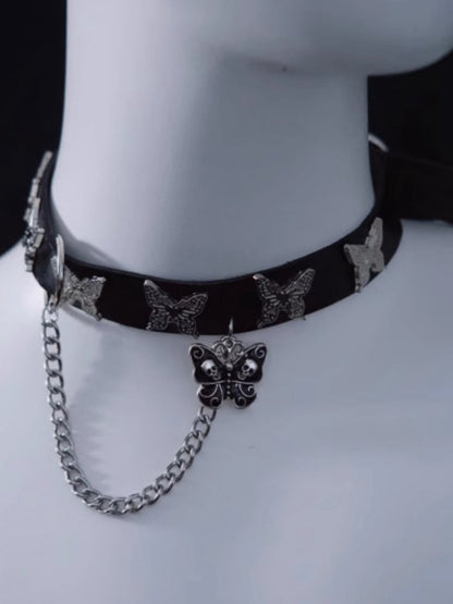 Skull Butterfly Pendant Black Choker with Chain