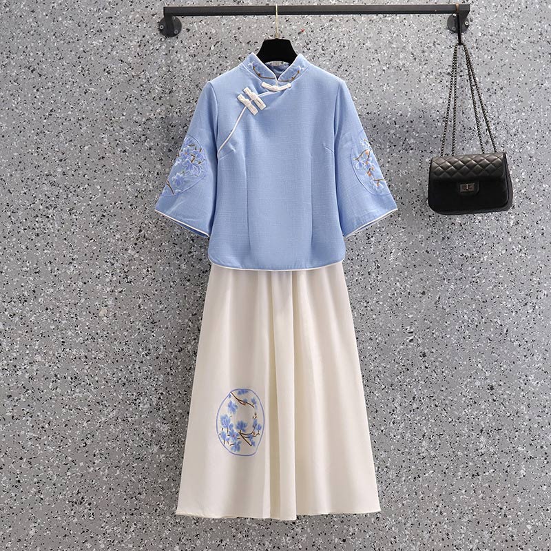 Porcelain Embroidery Fringed Vintage Top Skirt Set