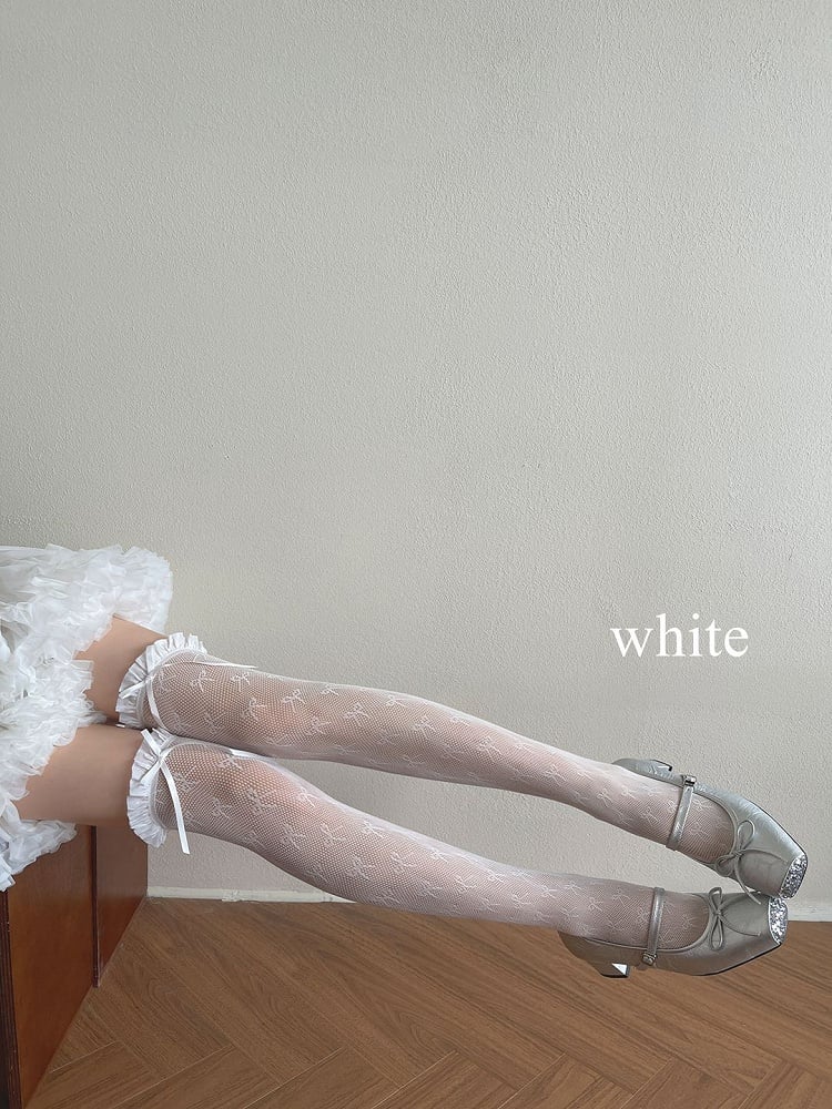 Stockings White/Light Overknee Yellow/Black Lace Trim Bowknot Details
