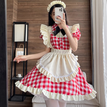 Sweet Bow Knot Ruffled Plaid Maid Dress