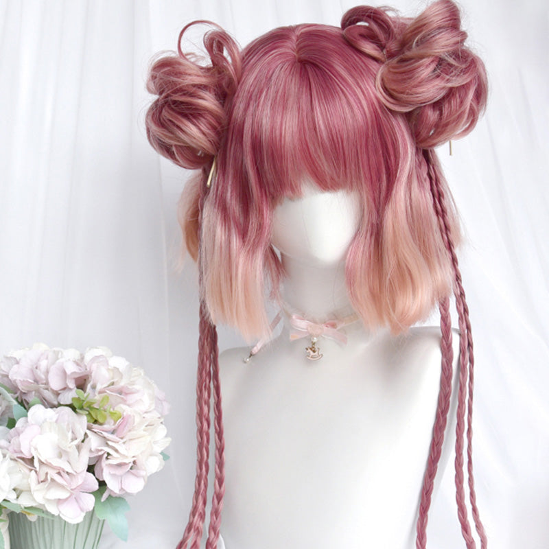 Gradient Pink Short Straight Ponytails Wig With Bangs