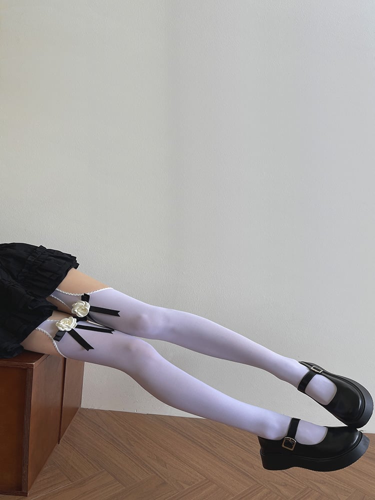 Suspender Bowknot Camellia Tights Black/White