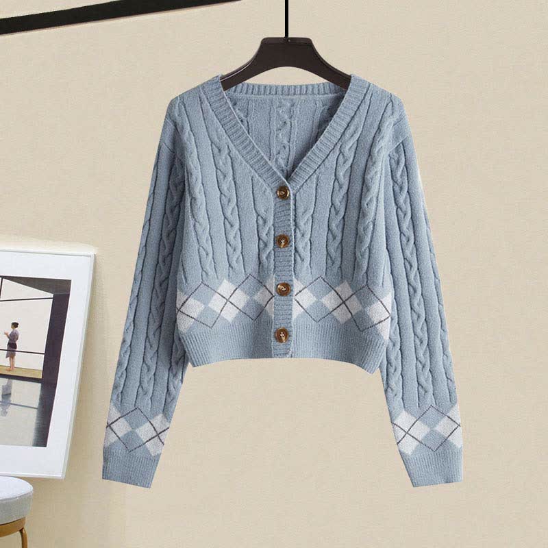 Rhombus Print Sweater Lapel Shirt Denim Pants Set