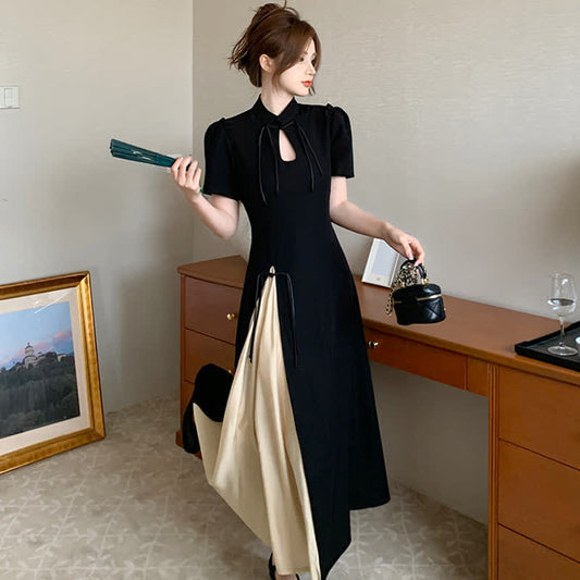 Elegant Black Buckle Split A-line Cheongsam Dress