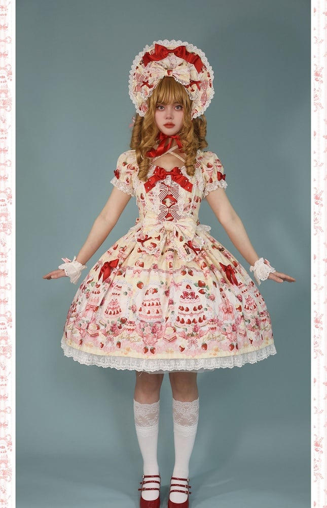 Yellow Sweet Set Lolita Full Strawberry Accents / Dress Print Cake Bow