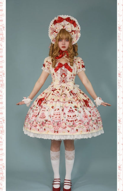 Yellow Sweet Set Lolita Full Strawberry Accents / Dress Print Cake Bow